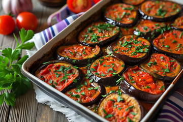 baked eggplant with tomatoes garlic and paprika, selective focus