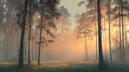 Obraz premium A foggy sunrise in the woods with tall trees and green grassy ground, light orange and beige, in the style of American Tonalism, beautiful lighting, romantic illustrations