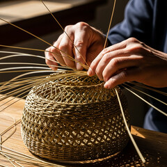 Hands weaving traditional basket with dried grass