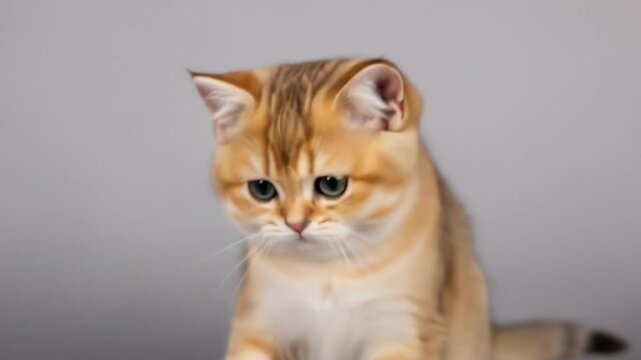 Golden Kitten Portrait Showing Close Up Fur and Green Eyes Against a Simple Grey Background