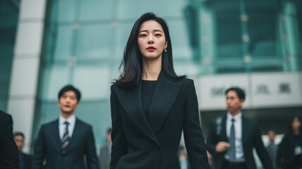 Korean woman walking confidently out of a modern glass office building during the day