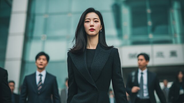 Korean woman walking confidently out of a modern glass office building during the day