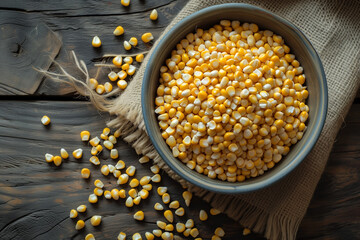 corn raw in bowl on wooden countertop, top view