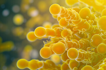 3d microscopic yellow bacteria close-up, selective focus