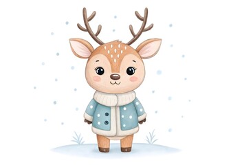 Fototapeta premium A cute deer wearing a blue jacket and scarf in the snow