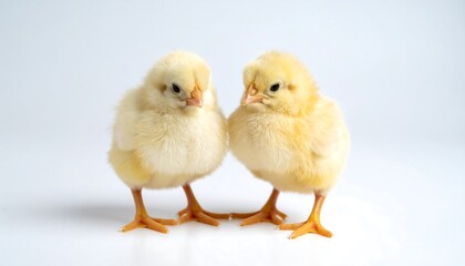 Obraz premium Two fluffy yellow chicks facing each other