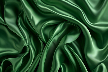 green silk satin  creases  fabric elegant background, top view