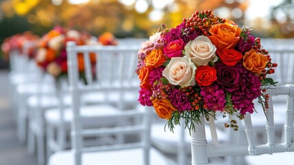 Autumnal floral arrangements on white chairs for an outdoor ceremony
