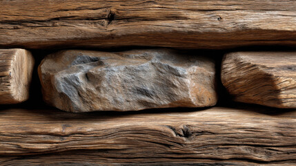 Natural wood texture and stone detail create rustic and earthy aesthetic, perfect for design projects