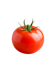 Tomato: A perfect, ripe tomato, vibrant red with a glossy sheen and a fresh green stem, evokes a sense of natural, healthy eating.
