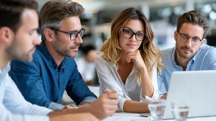 Focused Collaboration: A dedicated team meticulously examines a laptop screen, engaged in deep concentration and collective effort, their faces illuminated by the glow of technology.