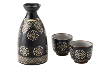 Elegant sake set featuring decorative black ceramic PNG Image