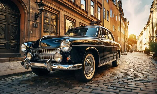 A vintage black car parked on a cobblestone street in an old european city at sunset time