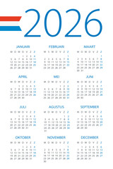 Calendar 2026 - illustration. Dutch version. Week starts on Monday