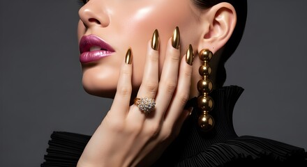 Elegant woman with golden nails, earrings, ring and bright makeup