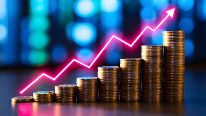 Photo of stacks of coins show a rising arrow, symbolizing financial growth and success