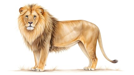Majestic male lion standing proudly on white background