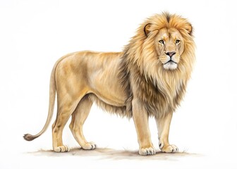 Majestic male lion standing proudly on white background