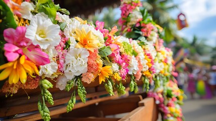Cultural ceremony involving stringing flowers and decorating a wooden cart 