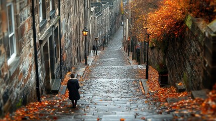 Autumnal, misty cobblestone street in old town