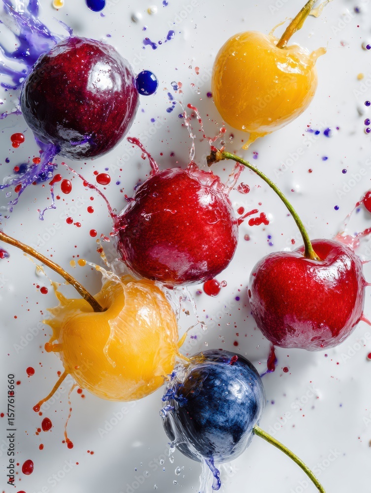 Poster colorful splashes of fruit create a vibrant display on a white canvas background with untouched uppe