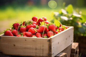 strawberries fresh in wooden crate, blurred background