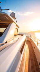 Obraz premium Luxurious Yacht Docked in Harbor at Picturesque Sunset, Casting Long Shadows with Calm Water Reflections