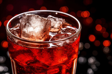 red carbonated drink with ice cubes close-up, selective focus