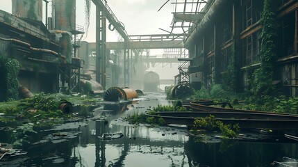 A river winding through an abandoned factory, conveyor belts and machinery half-submerged.