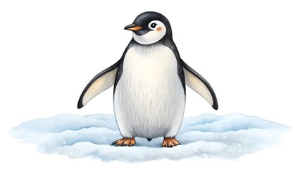 Cute penguin standing on snow with white background