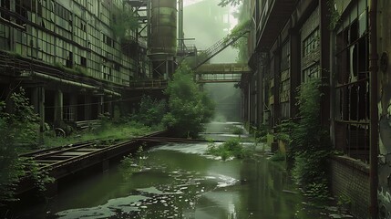 A river winding through an abandoned factory, conveyor belts and machinery half-submerged.