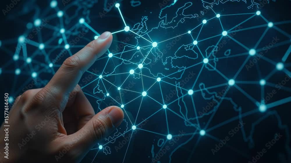 Poster hand touching digital map interface with network connections over europe and geolocation data