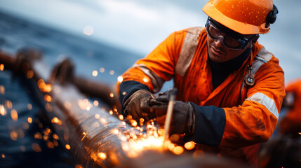 Skilled offshore maintenance engineer performing welding on metal pipe, sparks flying, focused and dedicated to safety