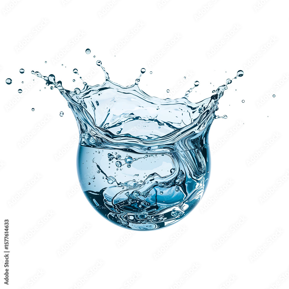 Aufkleber liquid sphere in dynamic explosion, transparent droplet with splashes and ripples on simplicity