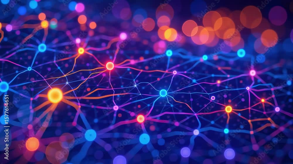 Poster abstract network of colorful nodes and connections representing data transmission and technology