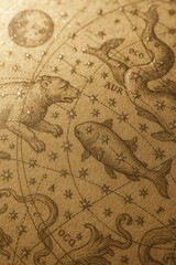 Vintage celestial map featuring constellations, prominently depicting a bear and fish, with shimmering star details and an antique aesthetic.