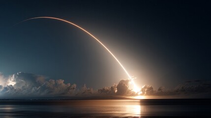 night sky with a pale yellow glowing ring in it, a rocket flying across and leaving behind trails