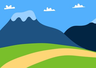 Obraz premium Colorful landscape illustration featuring green hills, a winding path, and blue mountains under a bright sky. Ideal for travel posters, children's art, or nature-themed designs.