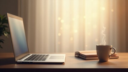 Fototapeta premium laptop with coffee cup, laptop with coffee, laptop on table, 