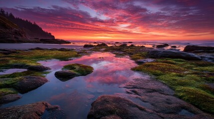 coastal landscape at low tide, with rocks and moss-covered sand in the foreground. The sky is painted in the style of an intense sunset