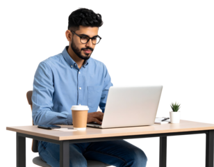 Man working on laptop at office desk with coffee, transparent background.