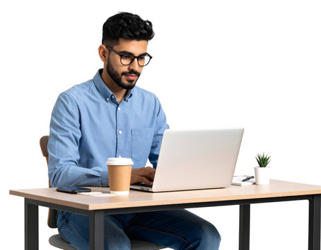 Man working on laptop at office desk with coffee, transparent background.