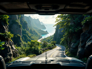An AI generated image of a breathtaking view from inside a car driving along a winding mountain road surrounded by lush greenery and steep cliffs