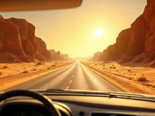 An AI generated image of a breathtaking view from inside a car driving along a winding mountain road surrounded by sand and mountains