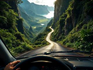 An AI generated image of a breathtaking view from inside a car driving along a winding mountain road surrounded by lush greenery and steep cliffs