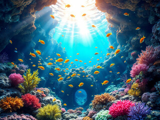 An AI generated image of stunning underwater seascape featuring vibrant coral reefs, colorful tropical fish, and sun rays piercing through the crystal-clear blue water from above.