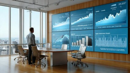 Strategic Vision: A composed professional studies the financial landscape, illuminated by the analytical data displayed on digital screens in an exclusive, contemporary boardroom. - Powered by Adobe