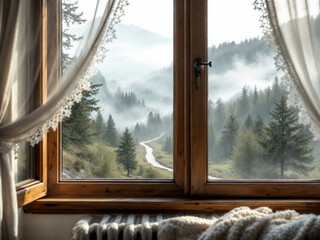 An AI generated image of a breathtaking foggy mountain view seen through an open wooden window from a cozy bedroom