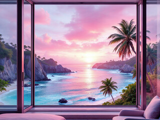 An AI generated image of a breathtaking sunrise view seen through an open wooden window from a cozy bedroom