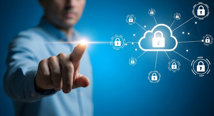 Obraz premium Security of cloud computing and server. Encryption networking and connect technology. Hand touching padlock icon on cloud storage icon.